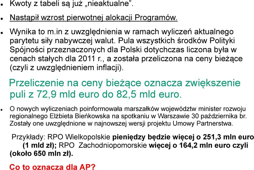 Przeliczenie na ceny bieżące oznacza zwiększenie puli z 72,9 mld euro do 82,5 mld euro.