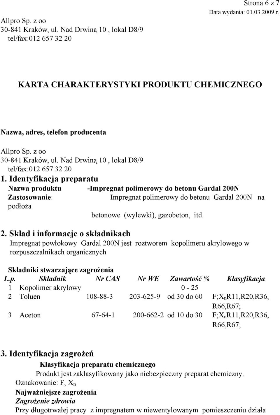 Identyfikacja preparatu Nazwa produktu -Impregnat polimerowy do betonu Gardal 20