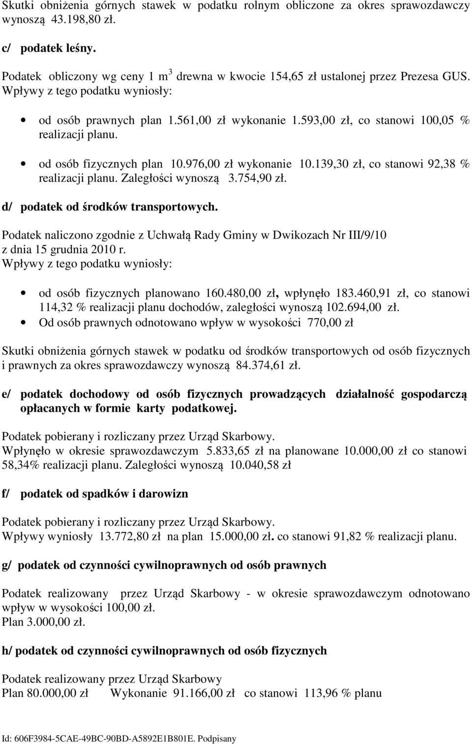 593,00 zł, co stanowi 100,05 % realizacji planu. od osób fizycznych plan 10.976,00 zł wykonanie 10.139,30 zł, co stanowi 92,38 % realizacji planu. Zaległości wynoszą 3.754,90 zł.