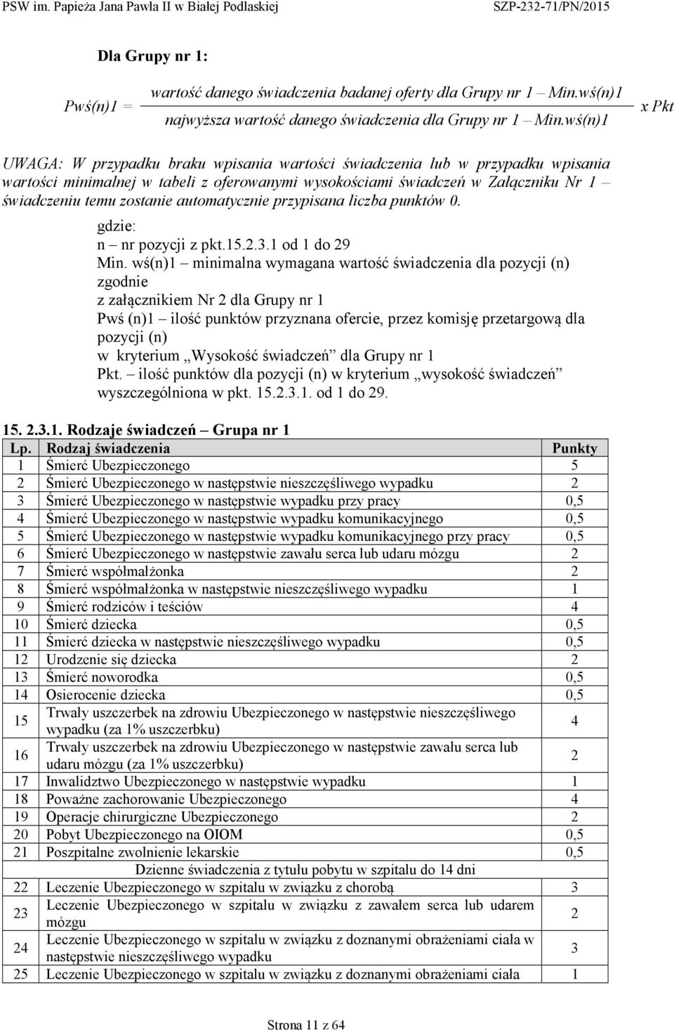 zostanie automatycznie przypisana liczba punktów 0. gdzie: n nr pozycji z pkt.15.2.3.1 od 1 do 29 Min.