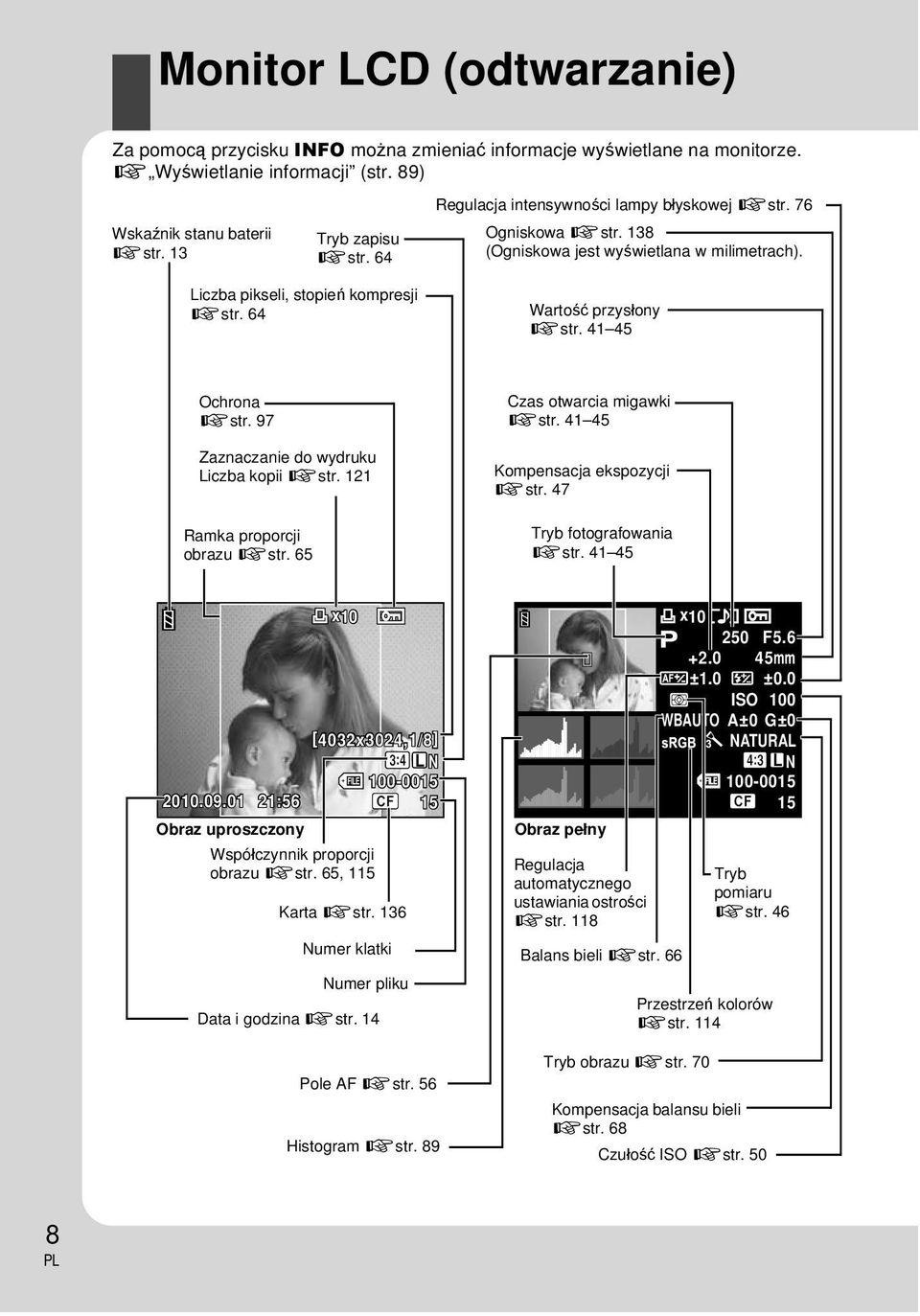 41 45 Ochrona gstr. 97 Zaznaczanie do wydruku Liczba kopii gstr. 121 Ramka proporcji obrazu gstr. 65 Czas otwarcia migawki gstr. 41 45 Kompensacja ekspozycji gstr. 47 Tryb fotografowania gstr.