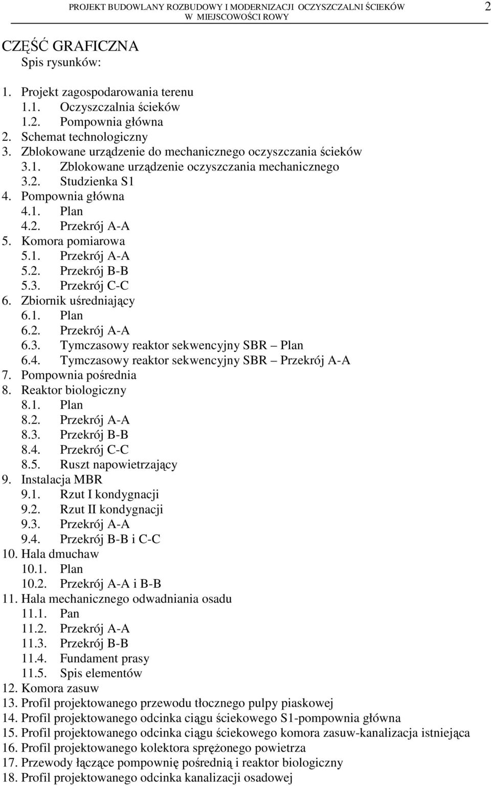 Komora pomiarowa 5.1. Przekrój A-A 5.2. Przekrój B-B 5.3. Przekrój C-C 6. Zbiornik uśredniający 6.1. Plan 6.2. Przekrój A-A 6.3. Tymczasowy reaktor sekwencyjny SBR Plan 6.4.