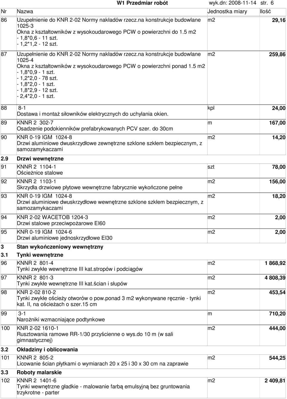 na konsrukcje budowlane 1025-4 Okna z kszałowników z wysokoudarowego PCW o powierzchni ponad 1.5-1,8*0,9-1 sz. - 1,2*2,0-78 sz. - 1,8*2,0-1 sz. - 1,8*2,9-12 sz. - 2,4*2,0-1 sz.