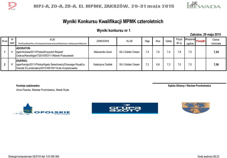 Grande E\Londonderry/431316610911/Lilia Krzyżanowska i Konkursu Kwalifikacji MPMK czteroletnich i konkursu nr 1 Zakrzów, 29 maja 2015 Aleksandra Szulc SKJ Golden Dream 7,4 7,6 7,4 7,8