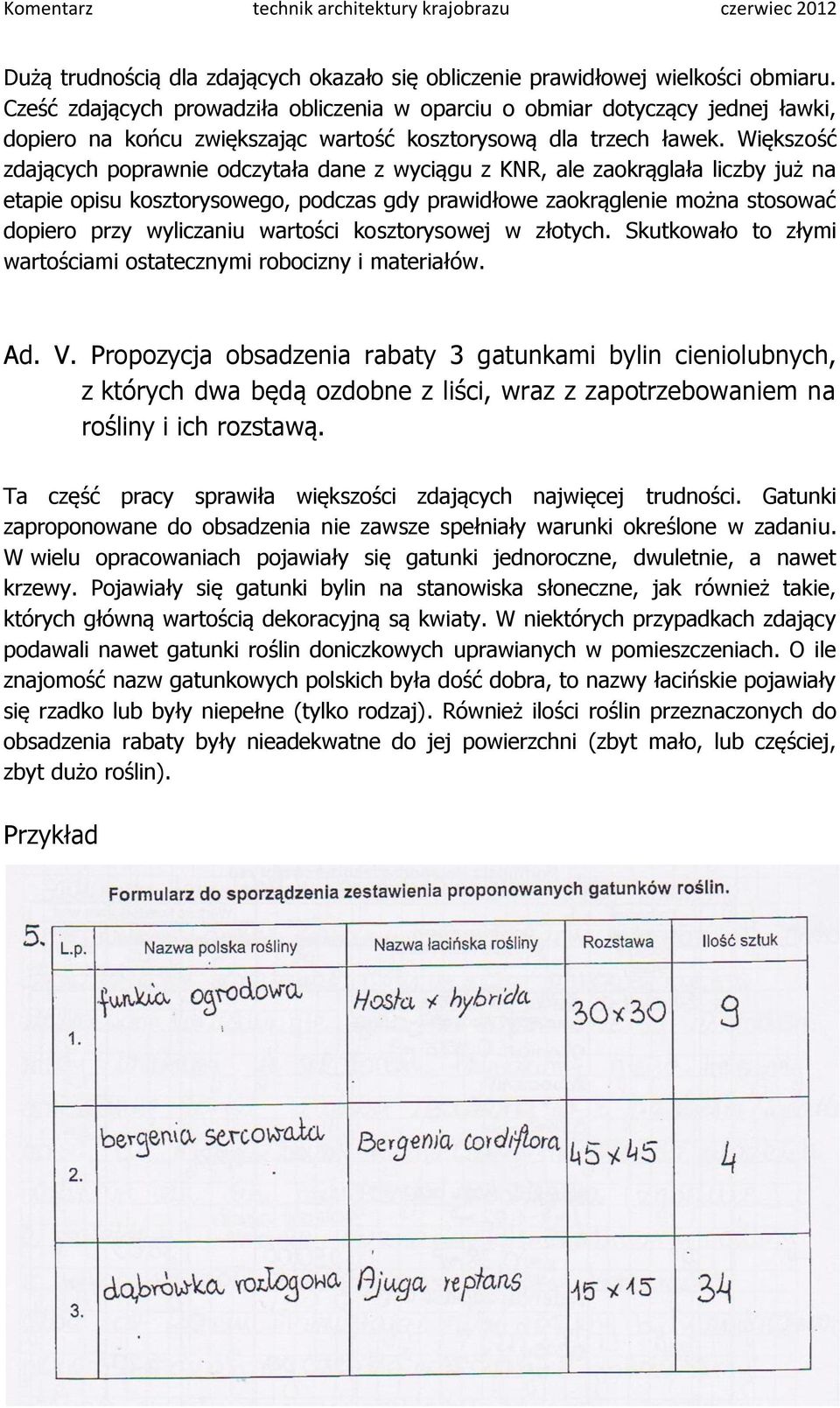 Większość zdających poprawnie odczytała dane z wyciągu z KNR, ale zaokrąglała liczby już na etapie opisu kosztorysowego, podczas gdy prawidłowe zaokrąglenie można stosować dopiero przy wyliczaniu