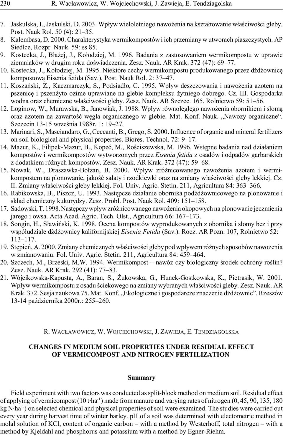 Badania z zastosowaniem wermikompostu w uprawie ziemniaków w drugim roku doœwiadczenia. Zesz. Nauk. AR Krak. 372 (47): 69 77. 10. Kostecka, J., Ko³odziej, M. 1995.