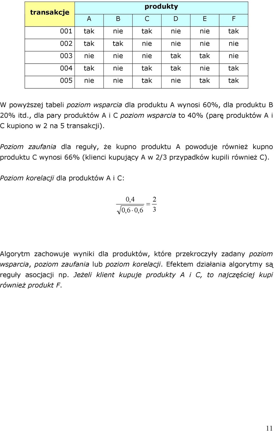 Poziom zaufaia dla reguł, że kupo produktu A powoduje rówież kupo produktu C wosi 66% (klieci kupując A w 2/3 przpadków kupili rówież C).