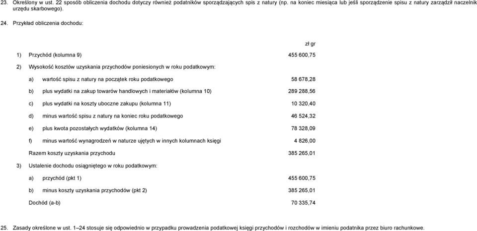 Przykład obliczenia dochodu: zł gr 1) Przychód (kolumna 9) 455 600,75 2) Wysokość kosztów uzyskania przychodów poniesionych w roku podatkowym: a) spisu z natury na początek roku podatkowego 58 678,28