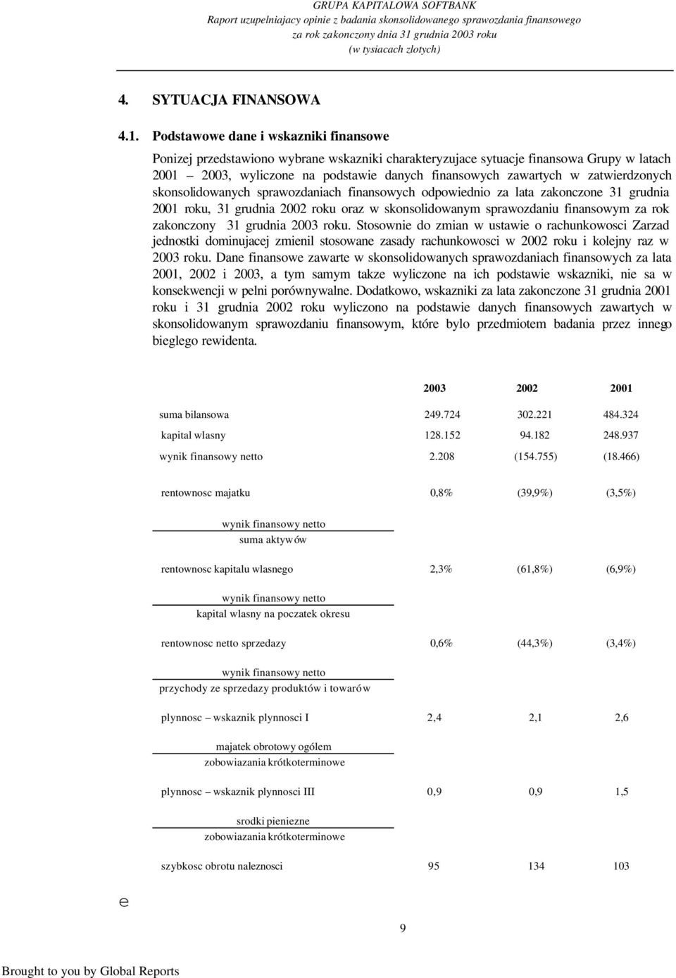 Podstawowe dane i wskazniki finansowe Ponizej przedstawiono wybrane wskazniki charakteryzujace sytuacje finansowa Grupy w latach 2001 2003, wyliczone na podstawie danych finansowych zawartych w