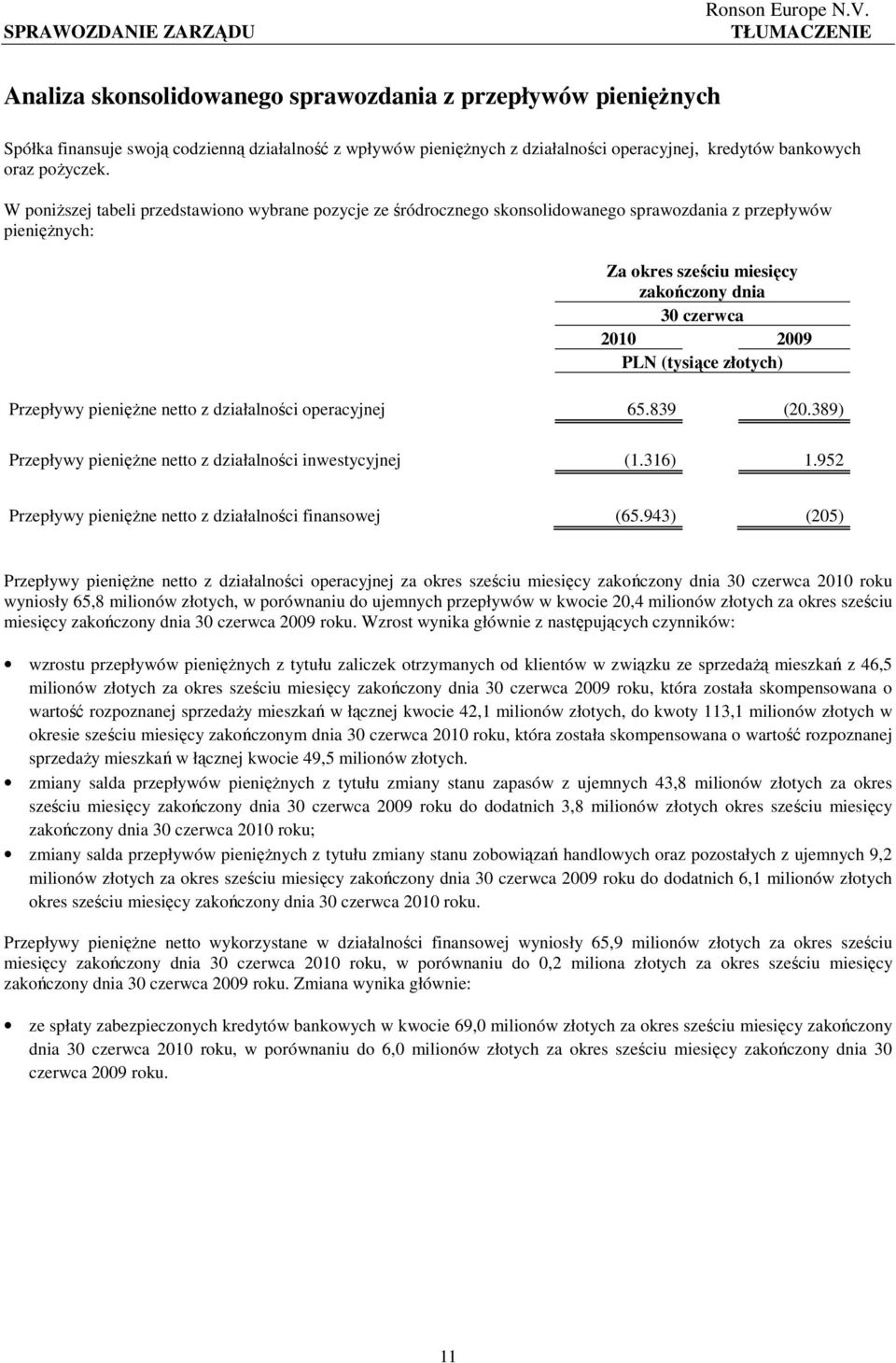 W poniŝszej tabeli przedstawiono wybrane pozycje ze śródrocznego skonsolidowanego sprawozdania z przepływów pienięŝnych: Za okres sześciu miesięcy zakończony dnia 30 czerwca 2010 2009 PLN (tysiące