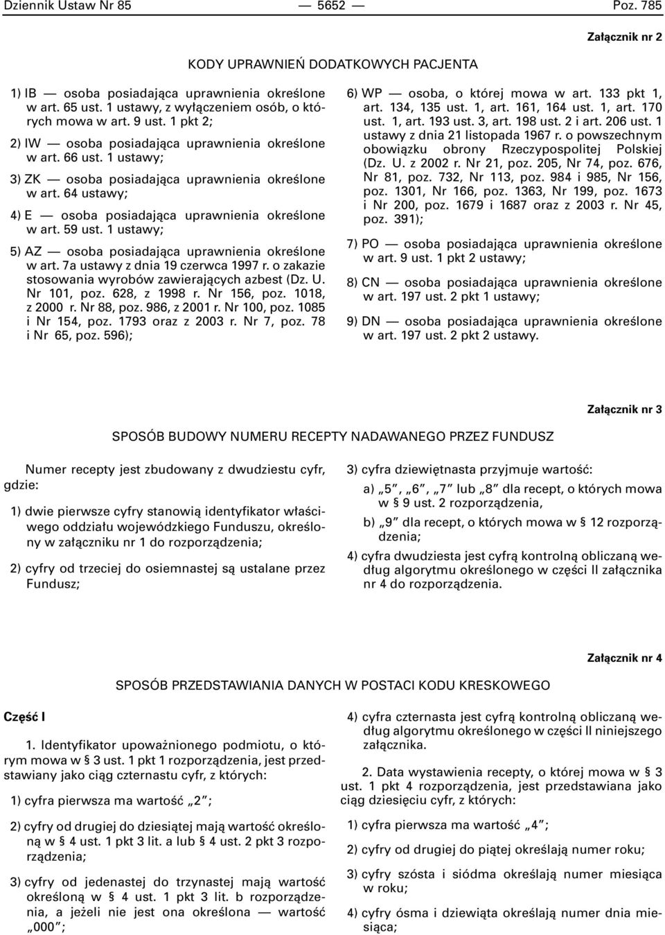 64 ustawy; 4) E osoba posiadajàca uprawnienia okreêlone w art. 59 ust. 1 ustawy; 5) AZ osoba posiadajàca uprawnienia okreêlone w art. 7a ustawy z dnia 19 czerwca 1997 r.