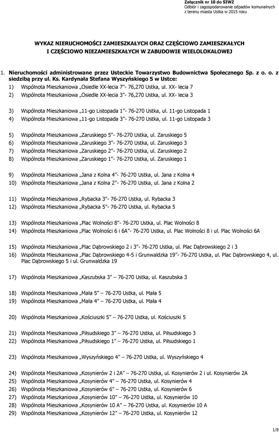 Kardynała Stefana Wyszyńskiego 5 w Ustce: 1) Wspólnota Mieszkaniowa Osiedle XX-lecia 7-76,270 Ustka, ul. XX- lecia 7 2) Wspólnota Mieszkaniowa Osiedle XX-lecia 3-76,270 Ustka, ul.