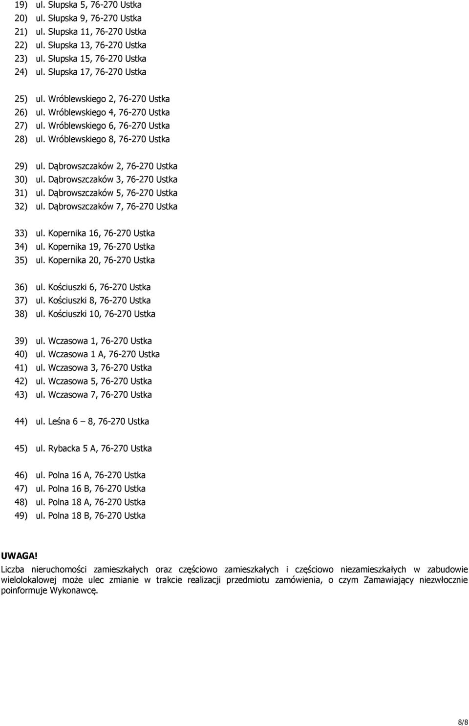 Dąbrowszczaków 2, 76-270 Ustka 30) ul. Dąbrowszczaków 3, 76-270 Ustka 31) ul. Dąbrowszczaków 5, 76-270 Ustka 32) ul. Dąbrowszczaków 7, 76-270 Ustka 33) ul. Kopernika 16, 76-270 Ustka 34) ul.