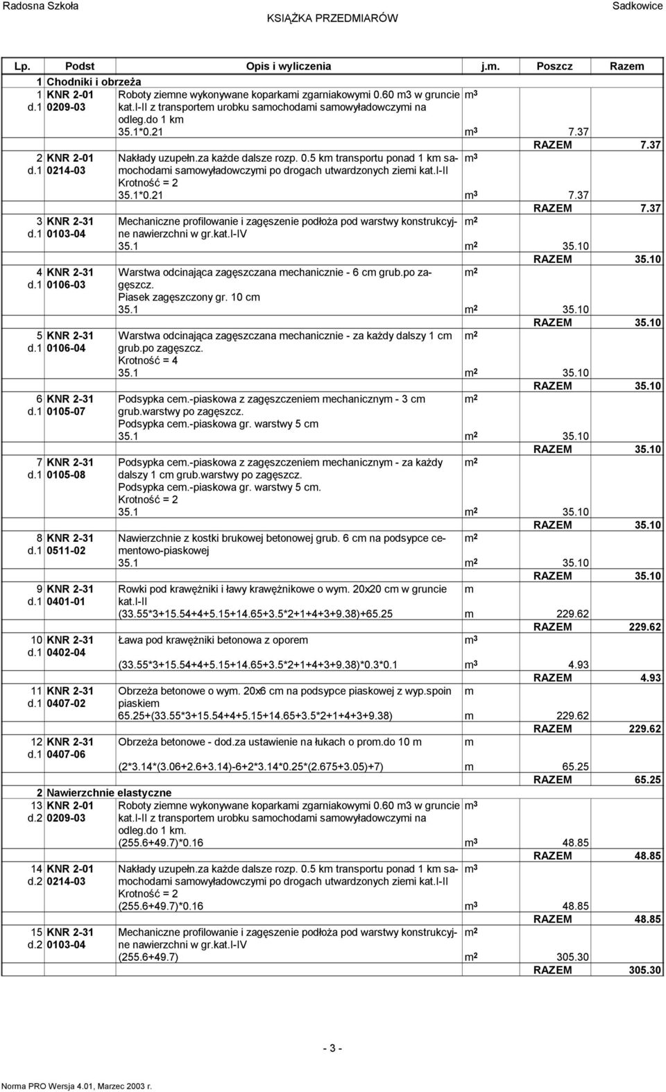 1 0401-01 10 KNR 2-31 d.1 0402-04 11 KNR 2-31 d.1 0407-02 12 KNR 2-31 d.1 0407-06 2 Nawierzchnie elastyczne 13 KNR 2-01 d.2 0209-03 14 KNR 2-01 d.2 0214-03 15 KNR 2-31 d.2 0103-04 35.1*0.21 7.