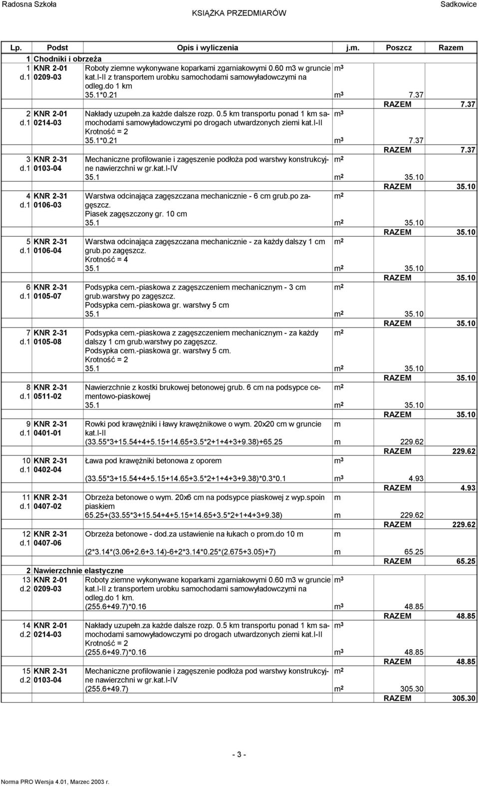 1 0401-01 10 KNR 2-31 d.1 0402-04 11 KNR 2-31 d.1 0407-02 12 KNR 2-31 d.1 0407-06 2 Nawierzchnie elastyczne 13 KNR 2-01 d.2 0209-03 14 KNR 2-01 d.2 0214-03 15 KNR 2-31 d.2 0103-04 35.1*0.21 7.