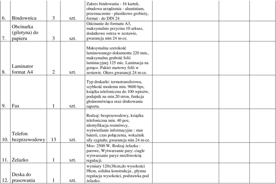 zestawie, gwarancja min 24 m-ce. 8. Laminator format A4 2 szt. Maksymalna szerokość laminowanego dokumentu 220 mm., maksymalna grubość folii laminacyjnej 125 mic. Laminacja na gorąco.