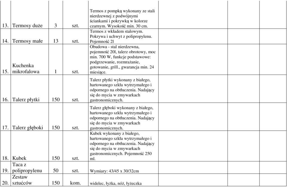 Pojemność 2l Obudowa - stal nierdzewna, pojemność 20l, talerz obrotowy, moc min. 700 W, funkcje podstawowe: podgrzewanie, rozmrażanie, gotowanie, grill., gwarancja min. 24 miesiące.