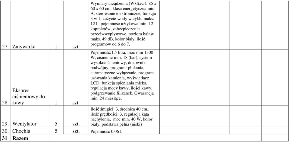 18 (bar), system wysokociśnieniowy, dozownik podwójny, program: płukania, automatyczne wyłączanie, program usówania kamienia, wyświetlacz LCD, funkcja spieniania mleka, regulacja mocy kawy, ilości