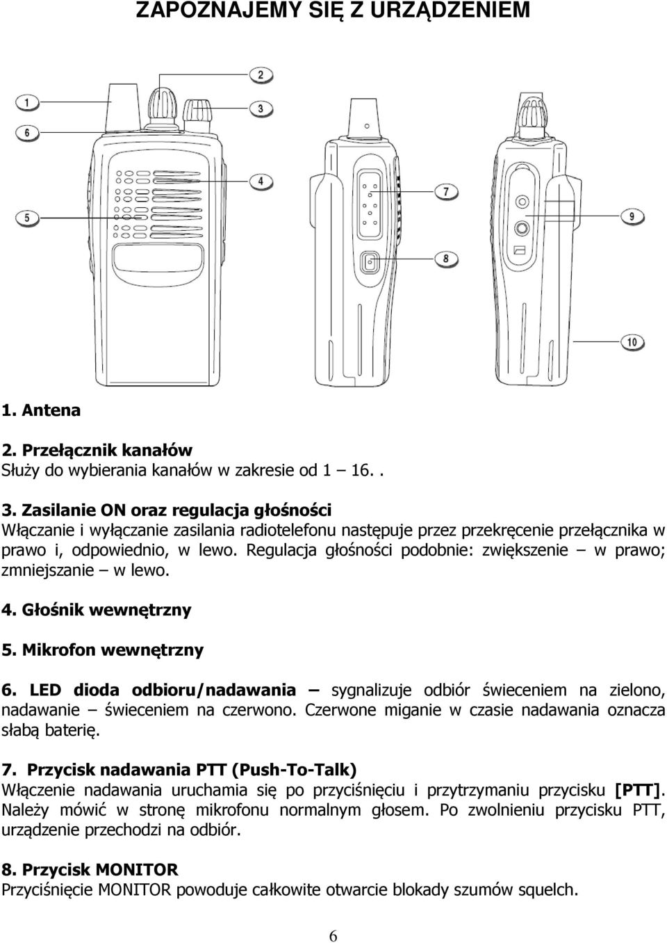 Regulacja głośności podobnie: zwiększenie w prawo; zmniejszanie w lewo. 4. Głośnik wewnętrzny 5. Mikrofon wewnętrzny 6.