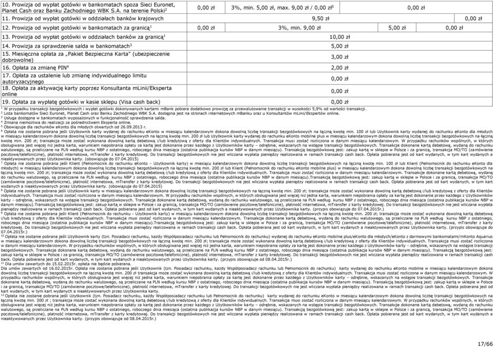 Prowizja od wypłat gotówki w oddziałach banków za granicą. Prowizja za sprawdzenie salda w bankomatach 5,00 zł 5. Miesięczna opłata za Pakiet Bezpieczna Karta (ubezpieczenie dobrowolne) 6.