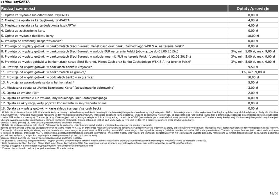 na terenie Polski 8. Prowizja od wypłaty gotówki w bankomatach Sieci Euronet w walucie EUR na terenie Polski (obowiązuje do 0.06.05r.) %, min. 5,00 zł, max. 9,00 zł 8.