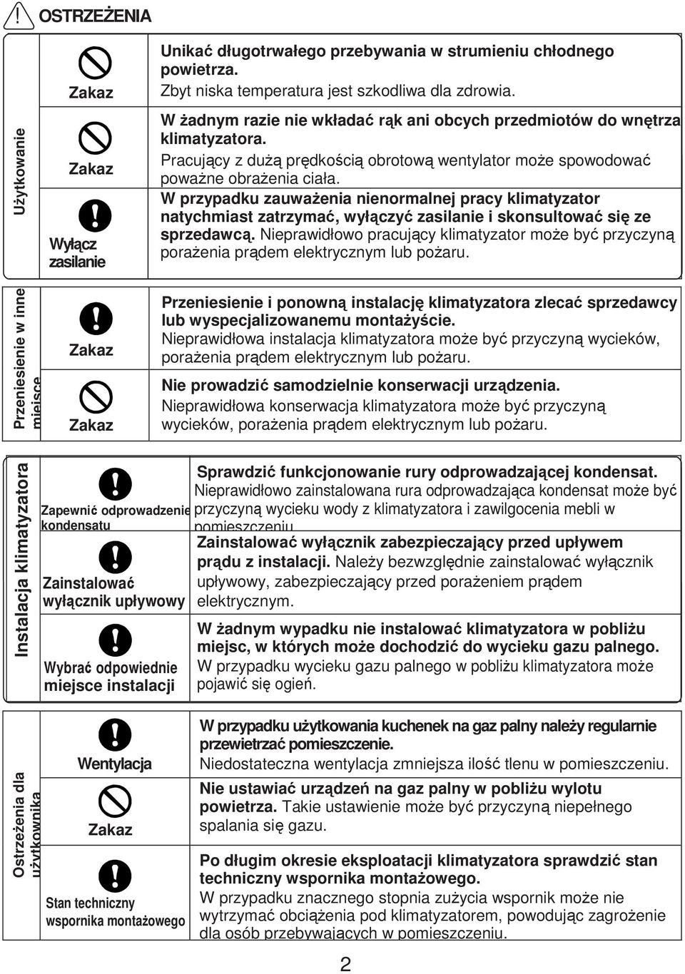 W przypadku zauwaŝenia nienormalnej pracy klimatyzator natychmiast zatrzymać, wyłączyć zasilanie i skonsultować się ze sprzedawcą.