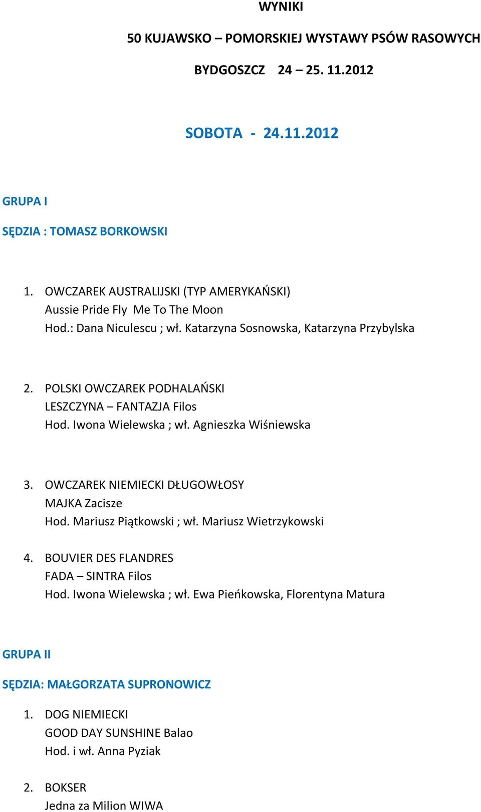 POLSKI OWCZAREK PODHALAOSKI LESZCZYNA FANTAZJA Filos Hod. Iwona Wielewska ; wł. Agnieszka Wiśniewska 3. OWCZAREK NIEMIECKI DŁUGOWŁOSY MAJKA Zacisze Hod. Mariusz Piątkowski ; wł.