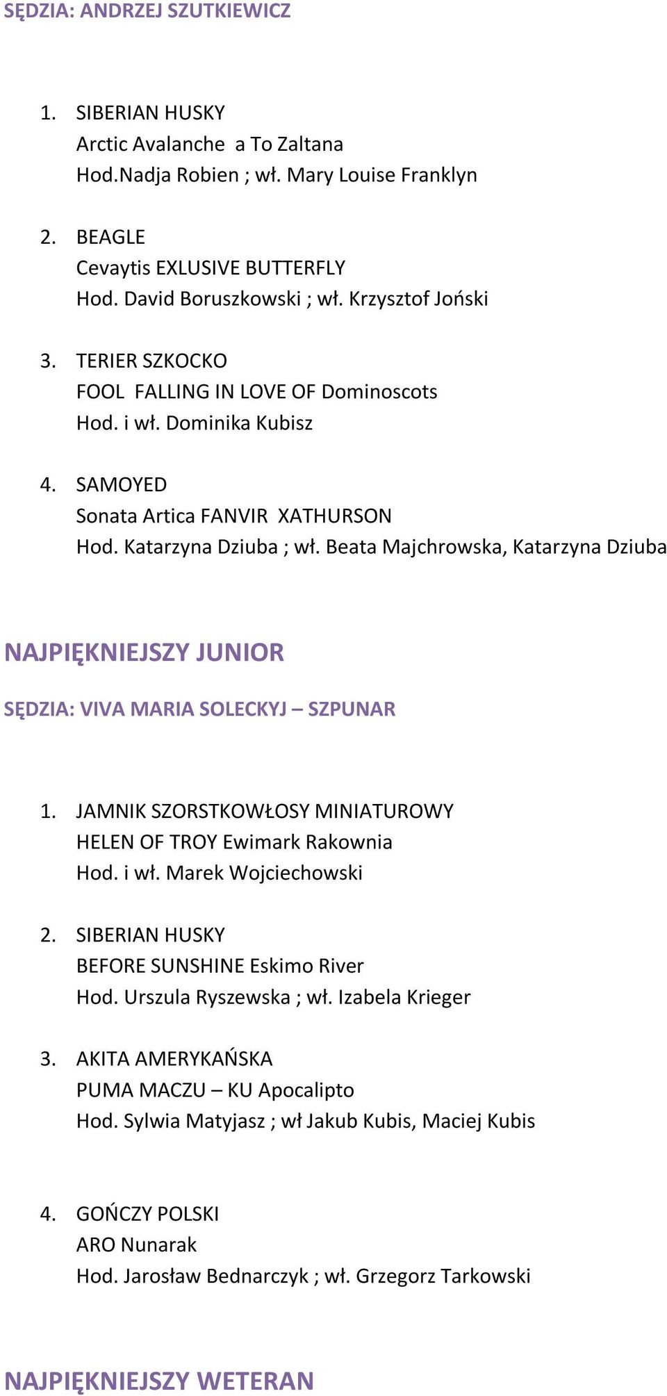 Beata Majchrowska, Katarzyna Dziuba NAJPIĘKNIEJSZY JUNIOR SĘDZIA: VIVA MARIA SOLECKYJ SZPUNAR 1. JAMNIK SZORSTKOWŁOSY MINIATUROWY HELEN OF TROY Ewimark Rakownia Hod. i wł. Marek Wojciechowski 2.