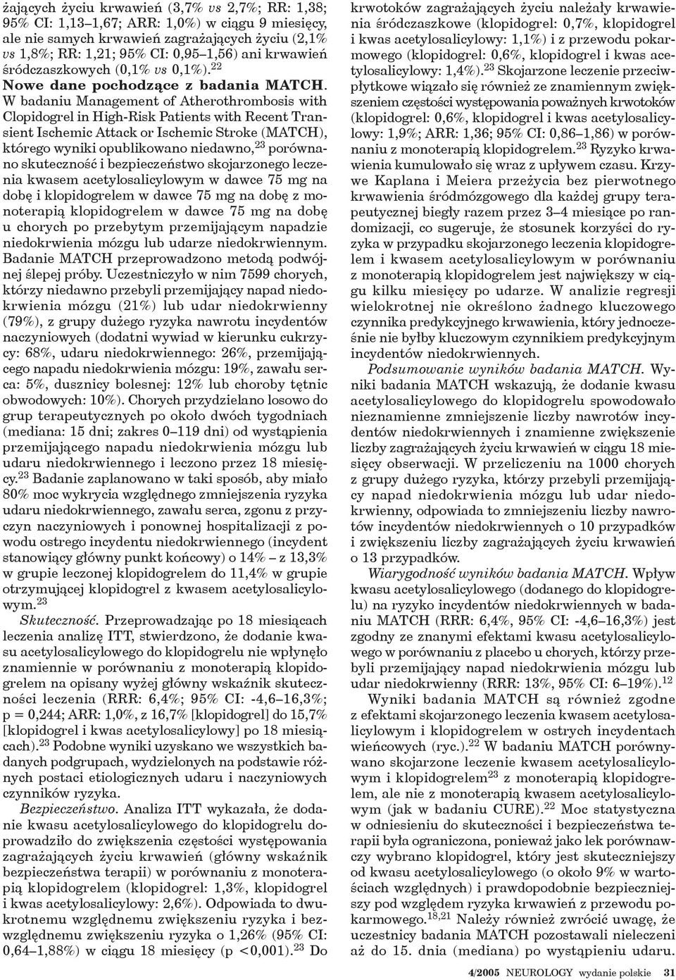 W badaniu Management of Atherothrombosis with Clopidogrel in High-Risk Patients with Recent Transient Ischemic Attack or Ischemic Stroke (MATCH), którego wyniki opublikowano niedawno, 23 porównano