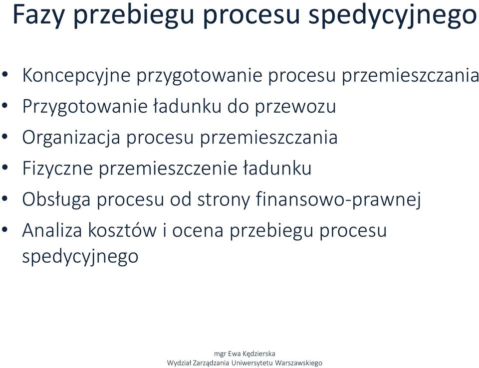 przemieszczania Fizyczne przemieszczenie ładunku Obsługa procesu od