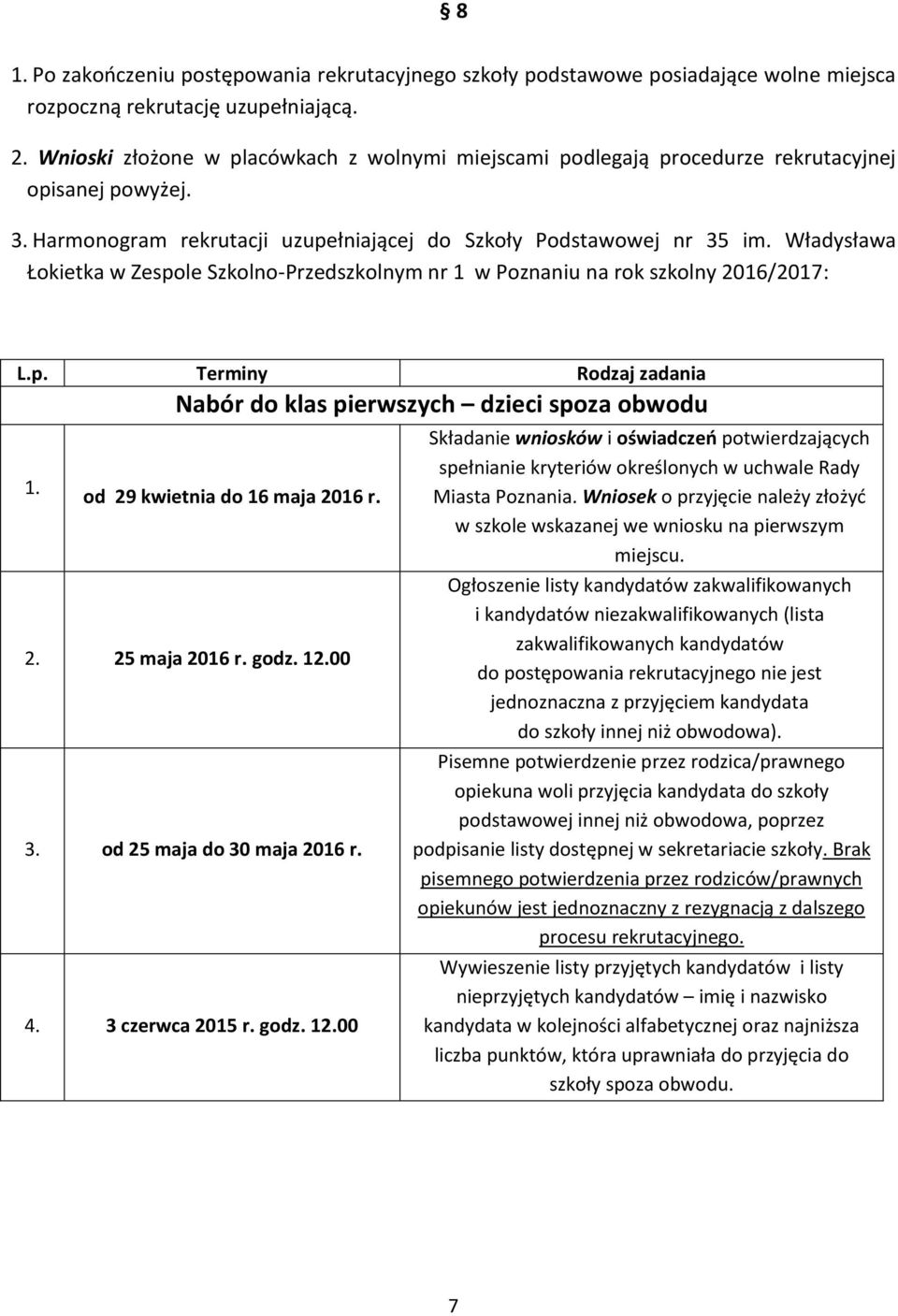 Władysława Łokietka w Zespole Szkolno-Przedszkolnym nr 1 w Poznaniu na rok szkolny 2016/2017: L.p. Terminy Rodzaj zadania Nabór do klas pierwszych dzieci spoza obwodu 1.