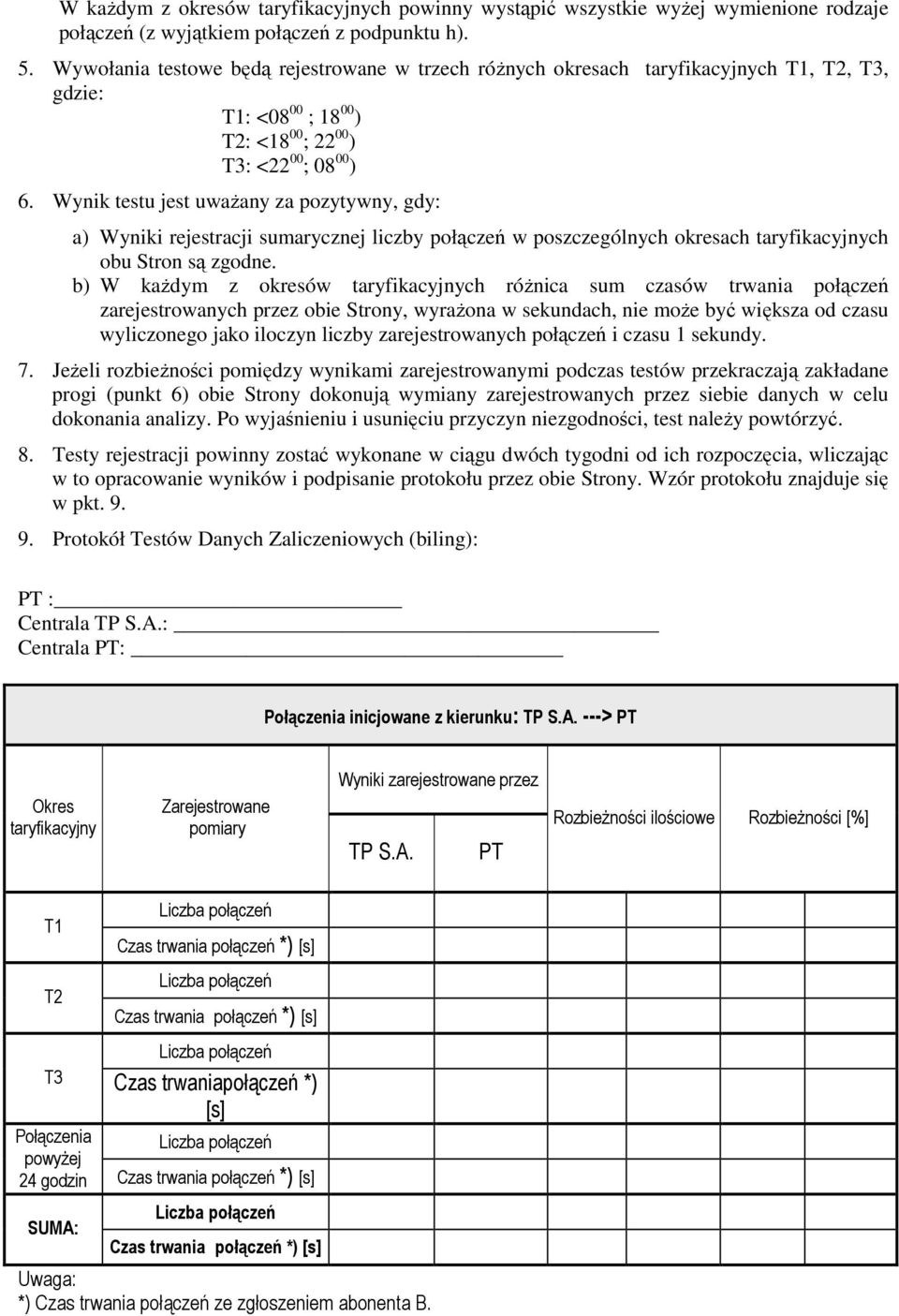 Wynik testu jest uwaŝany za pozytywny, gdy: a) Wyniki rejestracji sumarycznej liczby połączeń w poszczególnych okresach taryfikacyjnych obu Stron są zgodne.