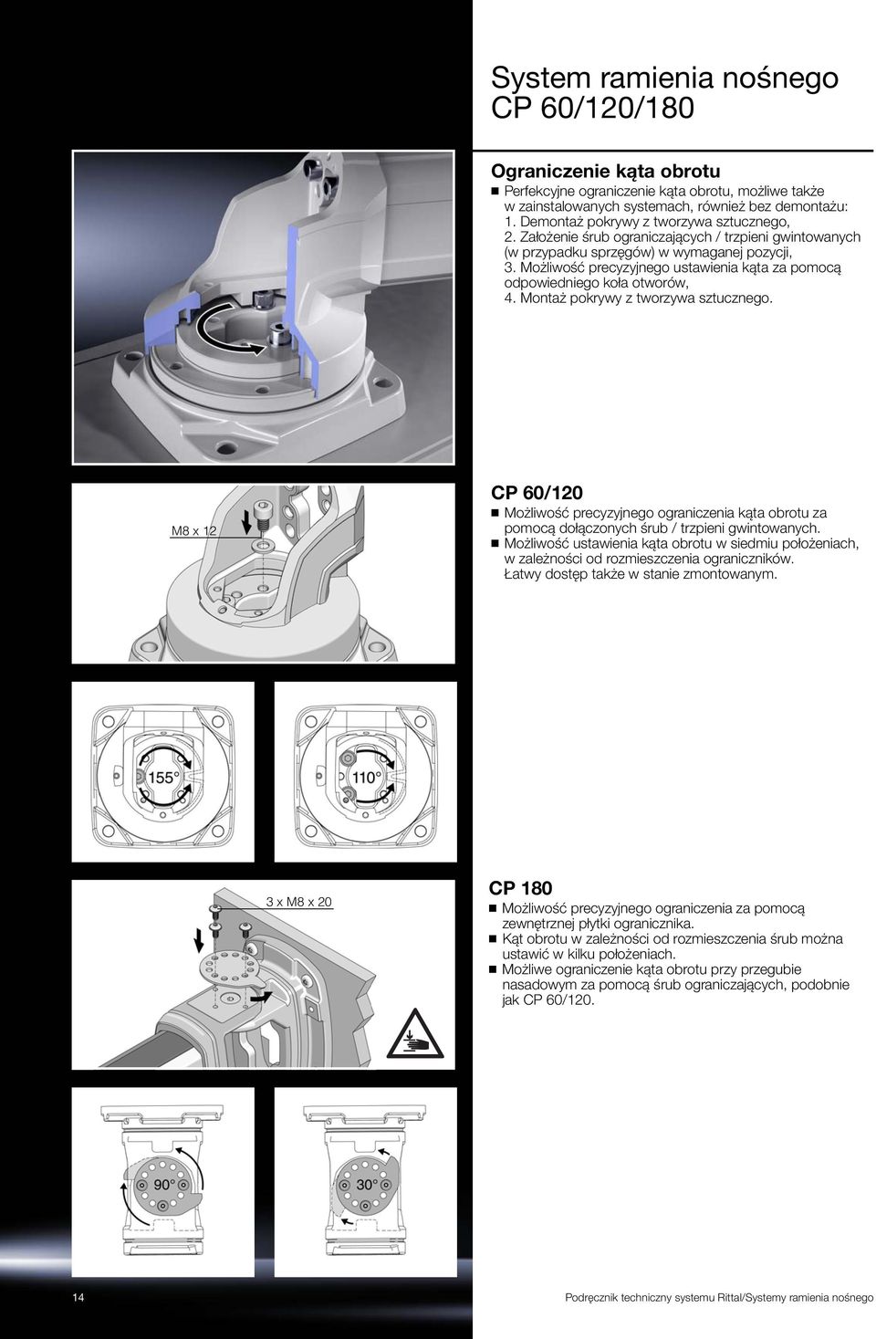 Montaż pokrywy z tworzywa sztucznego. M8 x 12 CP 60/120 Możliwość precyzyjnego ograniczenia kąta obrotu za pomocą dołączonych śrub / trzpieni gwintowanych.