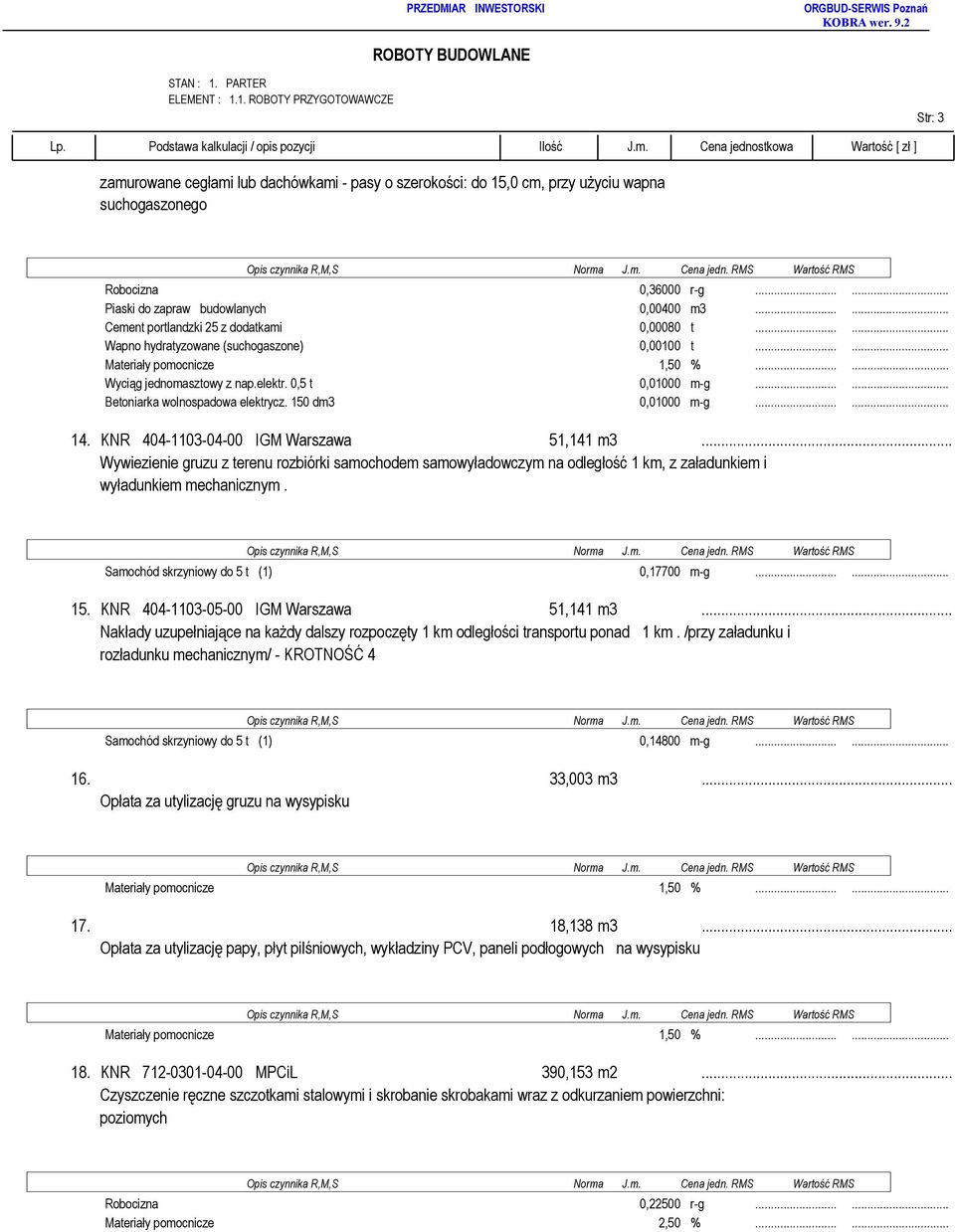 0,5 t 0,01000 m-g...... Betoniarka wolnospadowa elektrycz. 150 dm3 0,01000 m-g...... 14. KNR 404-1103-04-00 IGM Warszawa 51,141 m3.