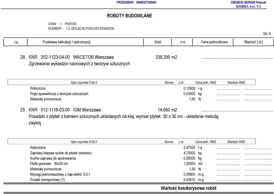 .. Posadzki z płytek z kamieni sztucznych układanych na klej, wymiar płytek: 30 x 30 cm - układanie metodą zwykłą Robocizna 2,47920 r-g.