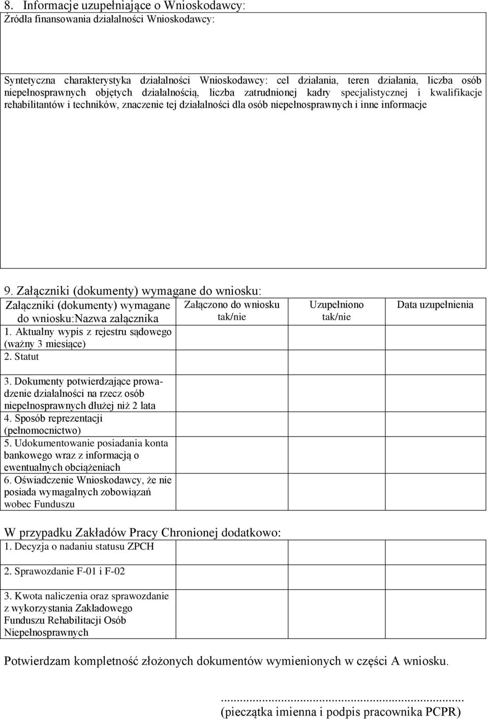 9. Załączniki (dokumenty) wymagane do wniosku: Załączniki (dokumenty) wymagane do wniosku:nazwa załącznika 1. Aktualny wypis z rejestru sądowego (ważny 3 miesiące) 2. Statut 3.