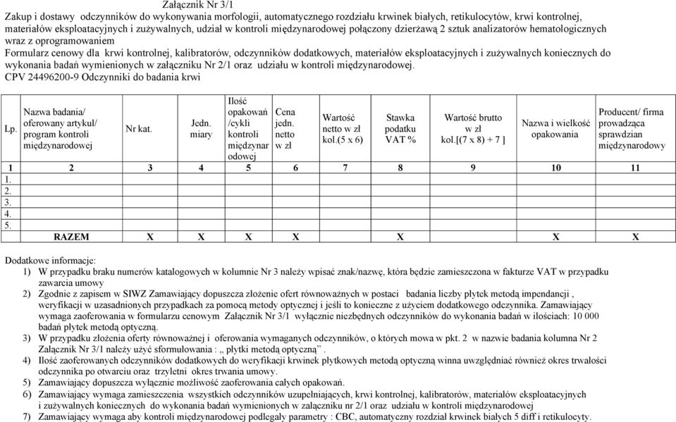 eksploatacyjnych i zużywalnych koniecznych do wykonania badań wymienionych w załączniku Nr 2/1 oraz udziału w kontroli międzynarodowej.