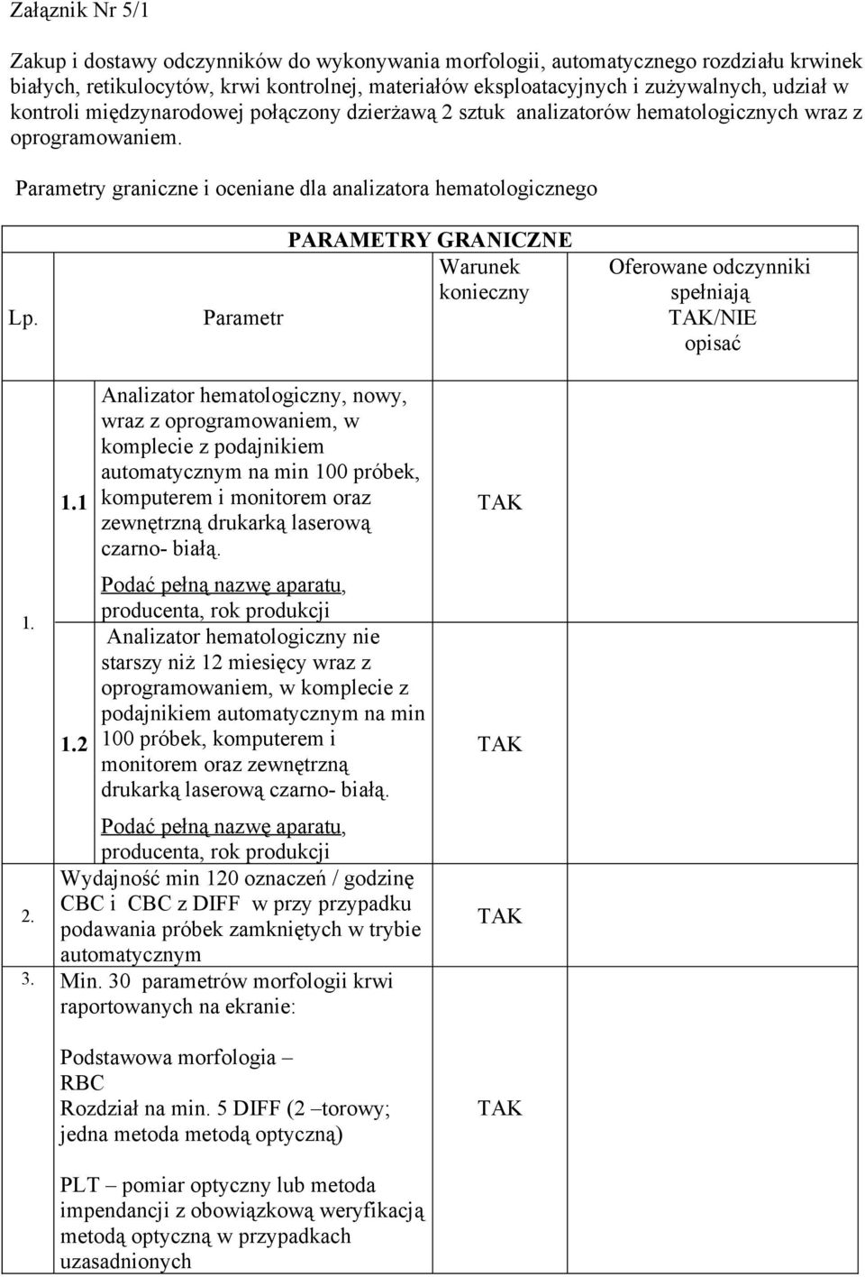 Parametry graniczne i oceniane dla analizatora hematologicznego PARAMETRY GRANICZNE Warunek konieczny Parametr Oferowane odczynniki spełniają /NIE opisać 1.