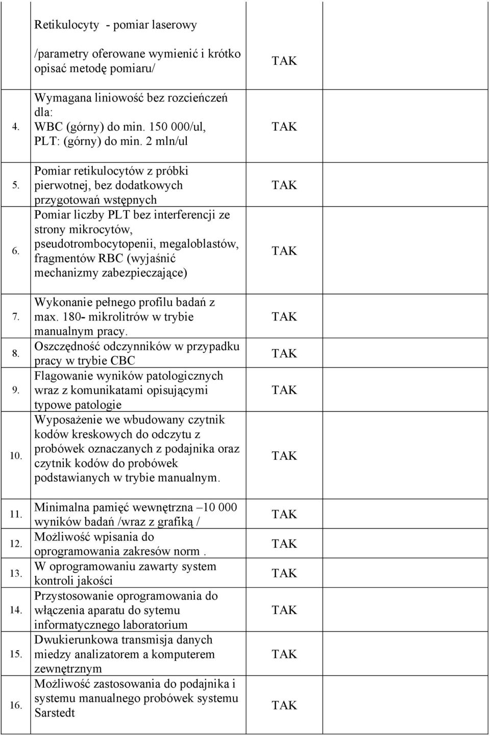 2 mln/ul Pomiar retikulocytów z próbki pierwotnej, bez dodatkowych przygotowań wstępnych Pomiar liczby PLT bez interferencji ze strony mikrocytów, pseudotrombocytopenii, megaloblastów, fragmentów RBC