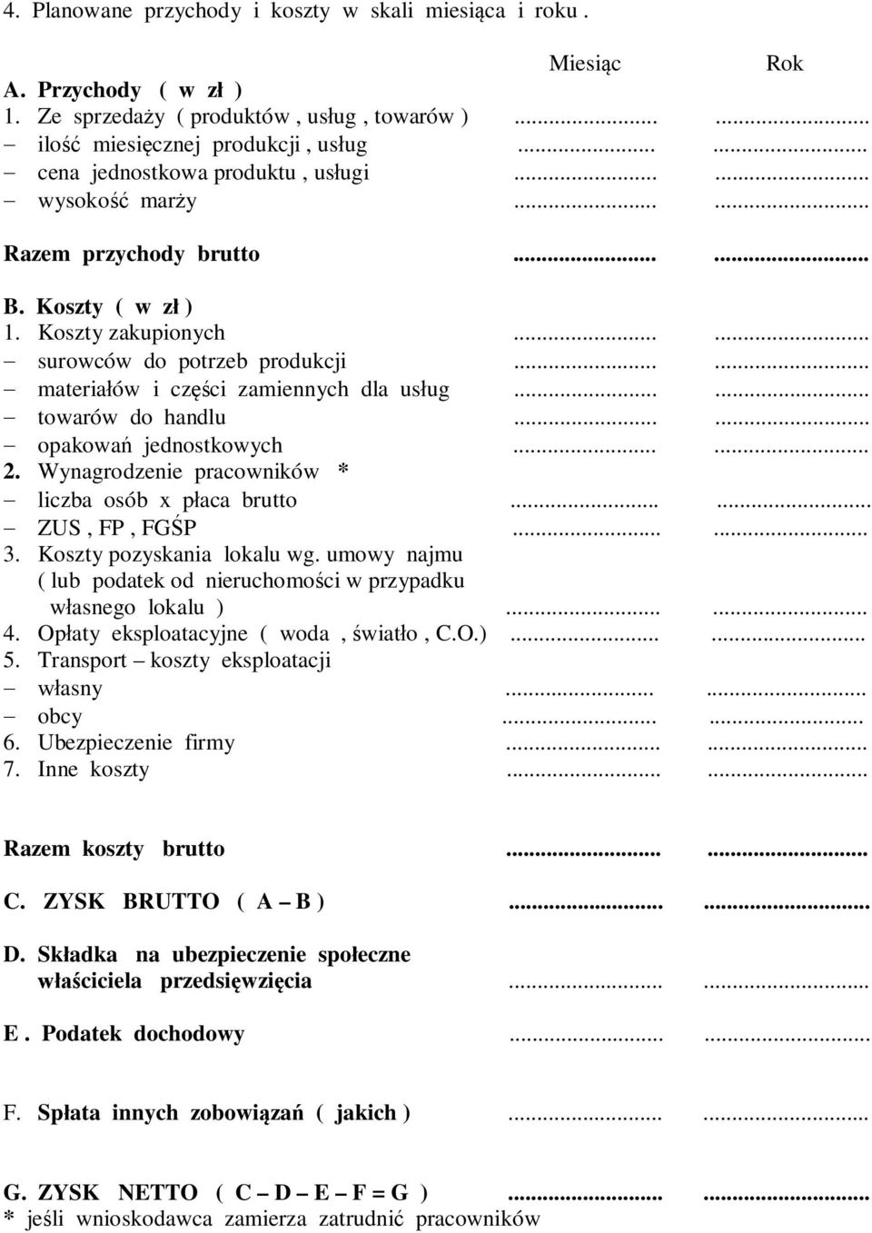 ..... - materiałów i części zamiennych dla usług...... - towarów do handlu...... - opakowań jednostkowych...... 2. Wynagrodzenie pracowników * - liczba osób x płaca brutto...... - ZUS, FP, FGŚP...... 3.