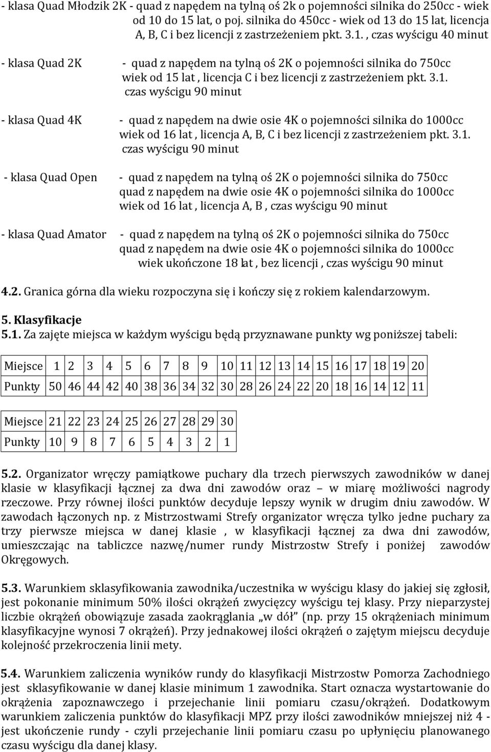 3.1. - klasa Quad 4K - quad z napędem na dwie osie 4K o pojemności silnika do 1000cc wiek od 16 lat, licencja A, B, C i bez licencji z zastrzeżeniem pkt. 3.1. - klasa Quad Open - quad z napędem na