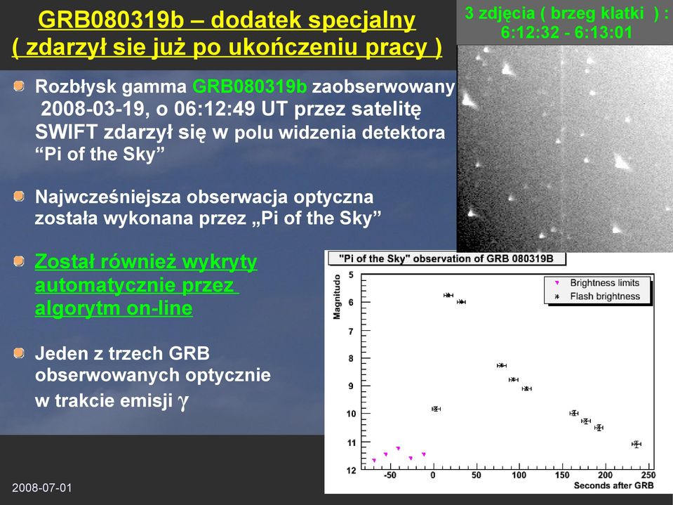 detektora Pi of the Sky Najwcześniejsza obserwacja optyczna została wykonana przez Pi of the Sky Został również