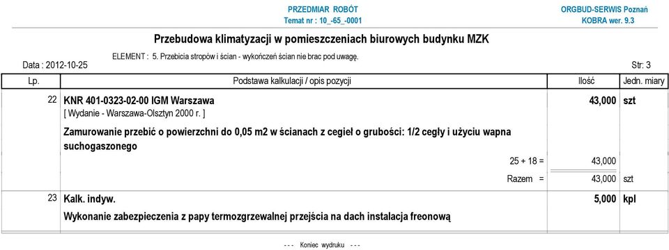 0,05 m2 w ścianach z cegieł o grubości: 1/2 cegły i uŝyciu wapna suchogaszonego 25 + 18 = 43,000 Razem =