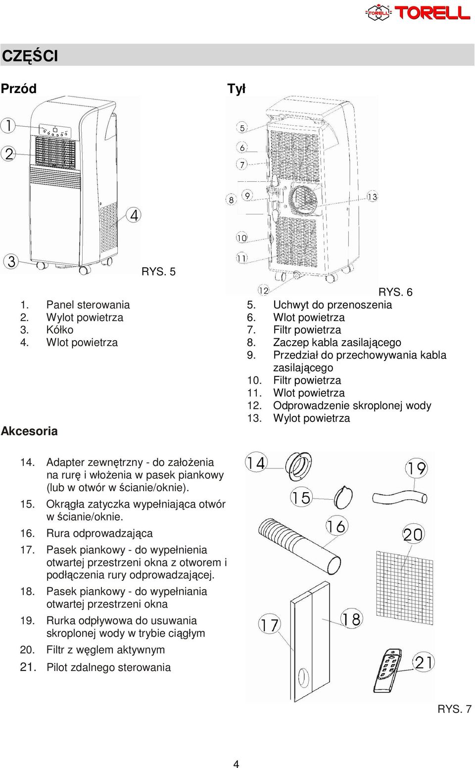 Adapter zewnętrzny - do założenia na rurę i włożenia w pasek piankowy (lub w otwór w ścianie/oknie). 15. Okrągła zatyczka wypełniająca otwór w ścianie/oknie. 16. Rura odprowadzająca 17.