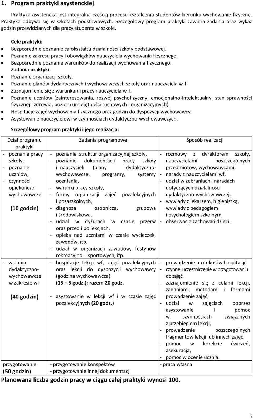 Poznanie zakresu pracy i obowiązków nauczyciela wychowania fizycznego. Bezpośrednie poznanie warunków do realizacji wychowania fizycznego. Zadania praktyki: Poznanie organizacji szkoły.