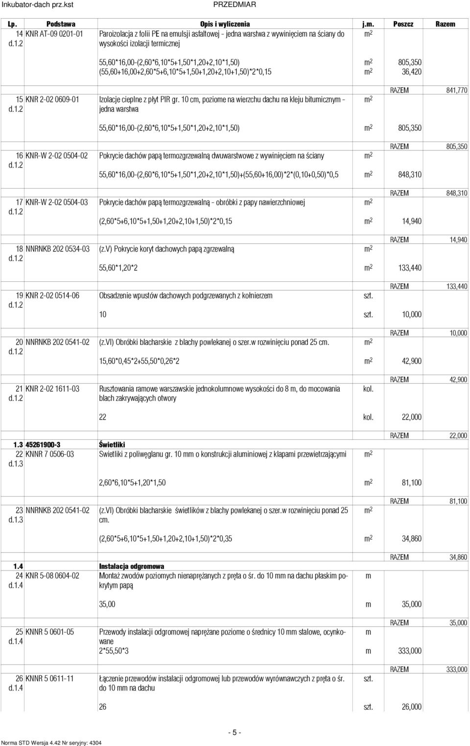 805,350 (55,60+16,00+2,60*5+6,10*5+1,50+1,20+2,10+1,50)*2*0,15 36,420 15 KNR 2-02 0609-01 Izolacje cieplne z pły PIR gr.