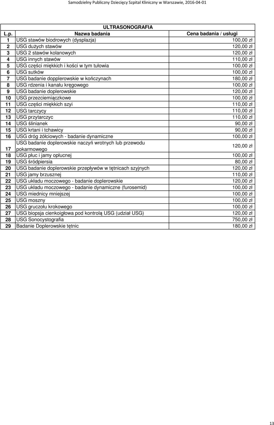 krtani i tchawicy 16 USG dróg żółciowych - badanie dynamiczne USG badanie doplerowskie naczyń wrotnych lub przewodu 17 pokarmowego 18 USG płuc i jamy opłucnej 19 USG śródpiersia 20 USG badanie