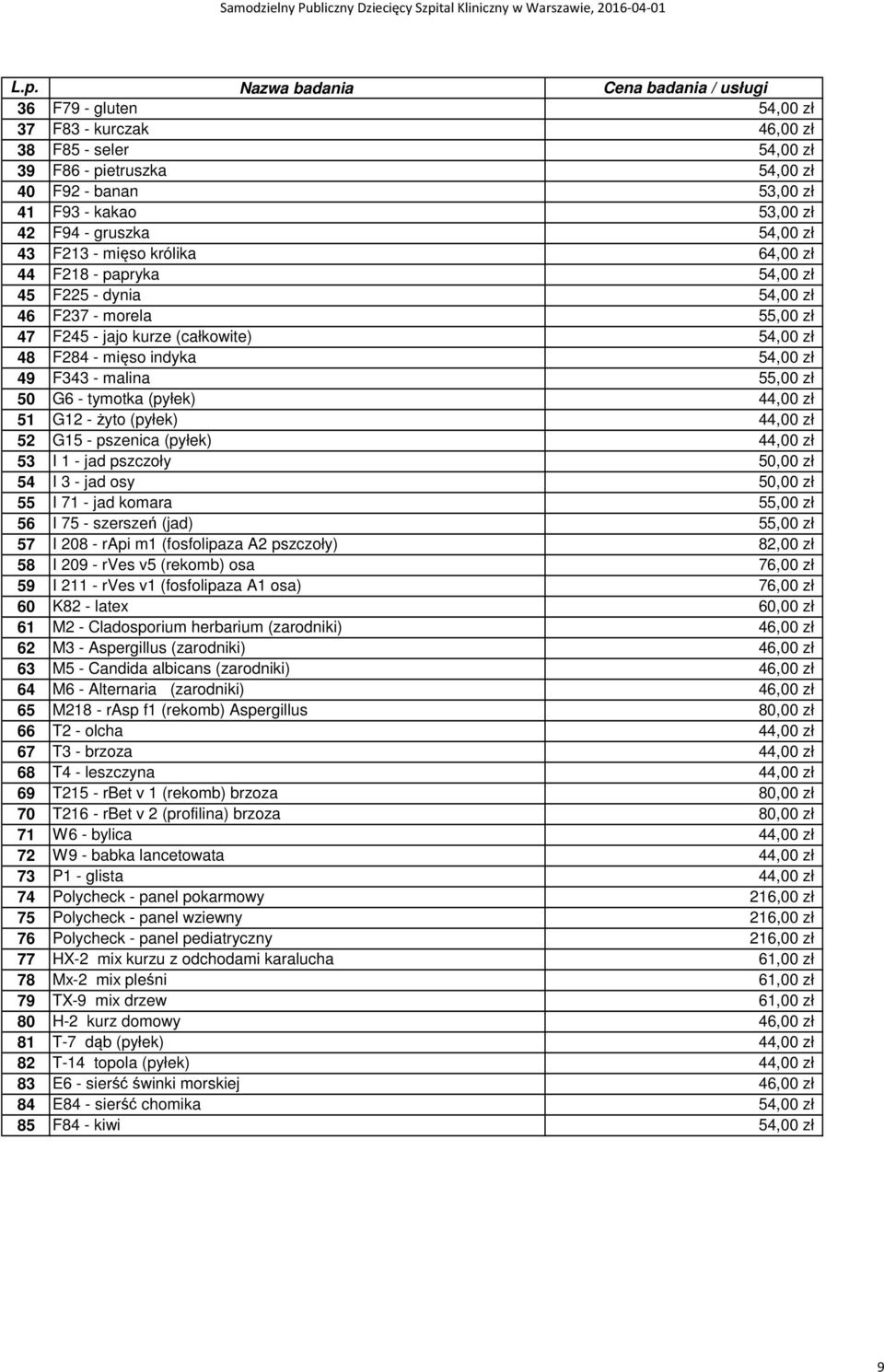 75 - szerszeń (jad) 57 I 208 - rapi m1 (fosfolipaza A2 pszczoły) 58 I 209 - rves v5 (rekomb) osa 59 I 211 - rves v1 (fosfolipaza A1 osa) 60 K82 - latex 61 M2 - Cladosporium herbarium (zarodniki) 62