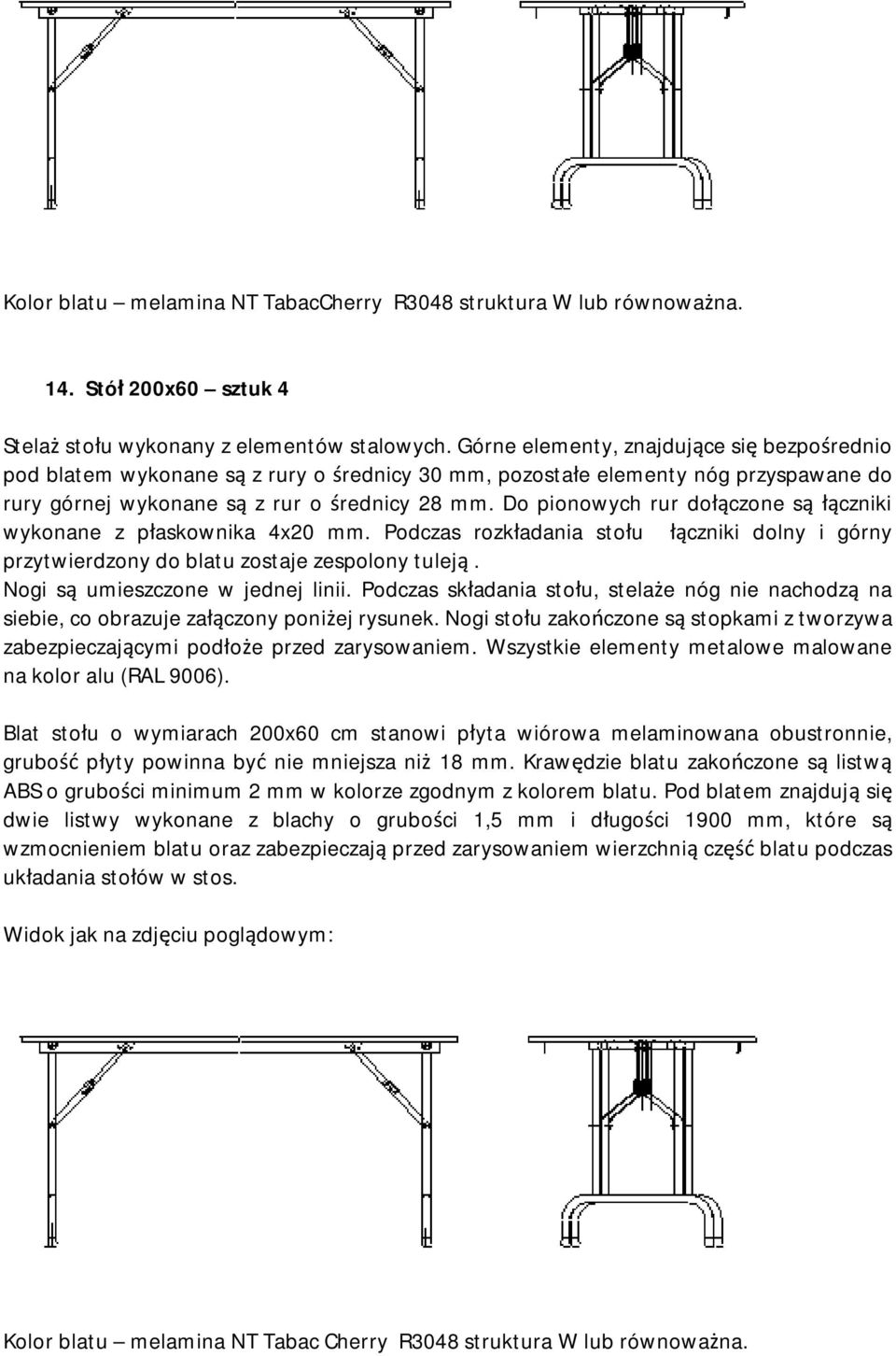 Do pionowych rur dołączone są łączniki wykonane z płaskownika 4x20 mm. Podczas rozkładania stołu łączniki dolny i górny przytwierdzony do blatu zostaje zespolony tuleją.