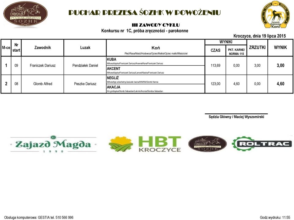 Dariusz/Lancet/Alaska/Franiczek Dariusz NEGLIŻ 2 08 Glomb Alfred Peszke Dariusz W/kara/typ szlachetny/jasiulek Iwona/NN/NN/Glomb Hanna 123,00 4,60 AKACJA K/c.